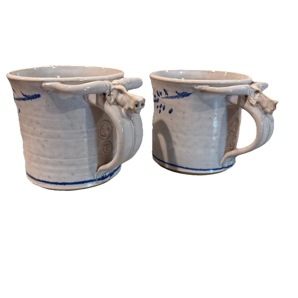 Vtg Hand Sculpted Studio Pottery 12 Oz  Mug Set Of 2 Texas Longhorn‎ Signed